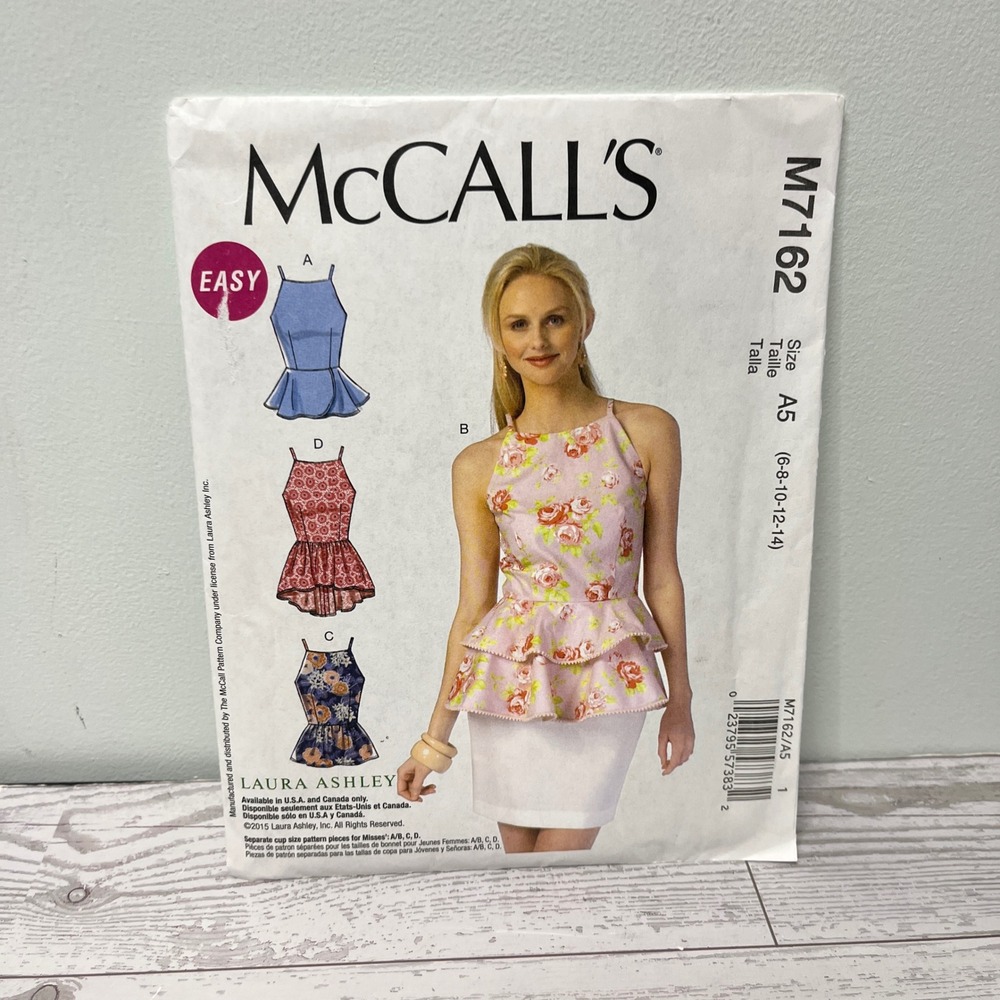 McCalls M7162 Laura Ashley Sewing Pattern Misses Peplum Halter Tops Size 6-14 A5